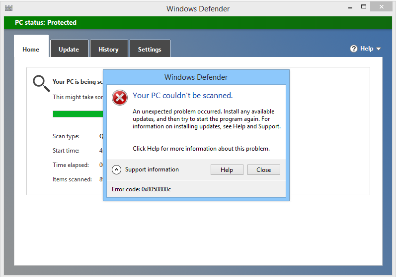 Kod błędu Windows Defender 0x8050800c